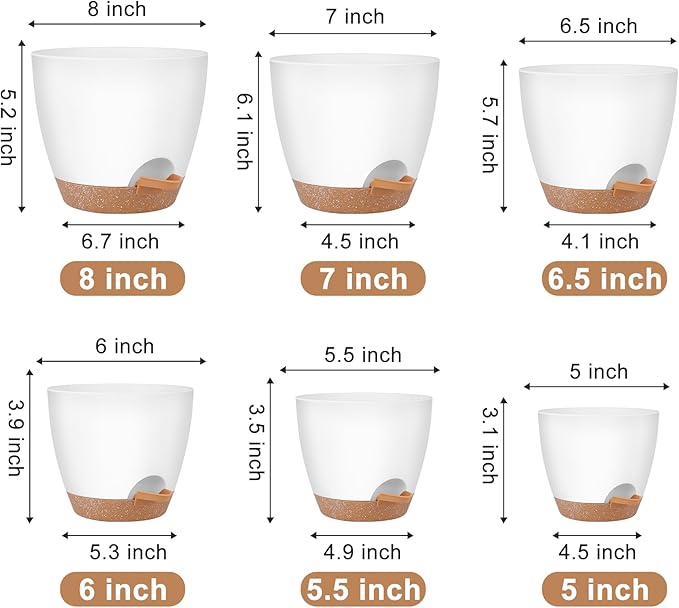 Plant Pots 8/7/6.5/6/5.5/5 Inch Self Watering Pots, Set of 6 Plastic Planters with Drainage Holes and Saucers,Plastic Flower Pots,Nursery Planting Pot for Indoor Out Door Plants（White）-Ruum Studio Home