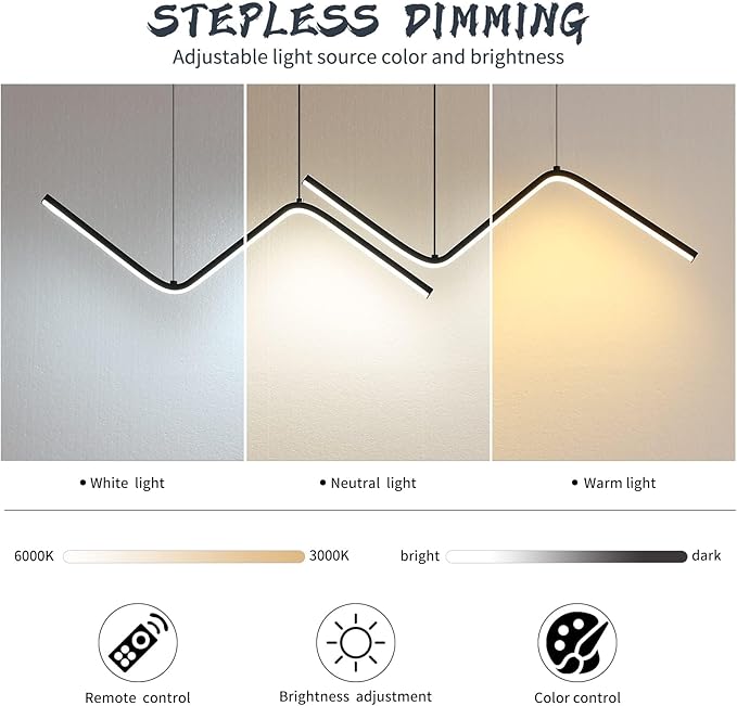 LED Modern Linear Pendant Lights, Dimmable LED Hanging Chandelier Fit Dining Room Kitchen Island, 3000K-6000K with Remote Contro Bright Light Fixture (Black, 47.2IN)-Ruum Studio Home