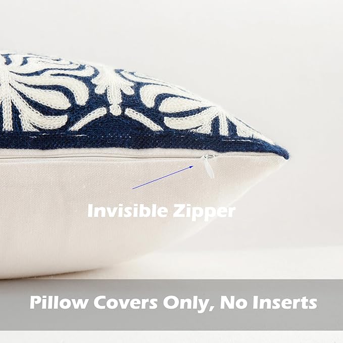 HWY 50 Navy Blue Decorative Lumbar Pillow Cover Rectangle 12x20 Inch (1 Piece), Embroidered Cotton Farmhouse Cushion Cover Pillow Case for Sofa Couch Living Room Bed, Minimalist Floral-Ruum Studio Home