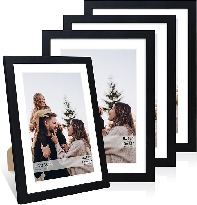 10x14 Picture Frame Set of 4, 10 x 14 Wood Photo Frames with Mat for 8x12 or 30x40cm Diamond Painting Art, Wooden Frame with Real Glass Cover for Wall and Tabletop Display,Black-Ruum Studio Home