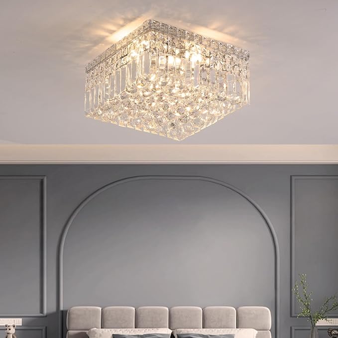 4-Lights Modern Flush Mount Ceiling Light Fixtures,Elegant Crystal Chandelier Pendant Ceiling Lamp for Bedroom,Living Room,Dining Room,Hallway H5.9 x W13.7 x L13.7 (Bulbs Not Included) Square-Ruum Studio Home
