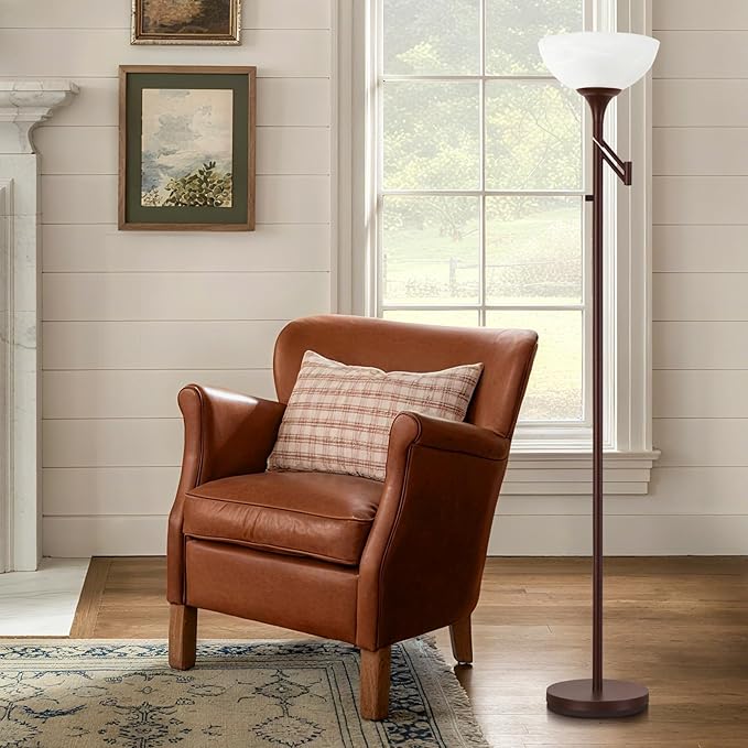 Floor Lamps for Living Room Bronze, 71" Tall Standing Lamp with Glass Shade, Vintage Floor Lamp with 350°Adjustable Swing Arm Lamp, Pole lamp for Bedroom, Living Room, Office, Bulbs Included-Ruum Studio Home