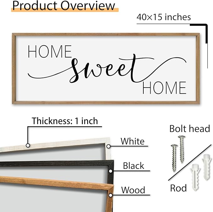 SRSZHIYUE Home Sweet Home Sign 40"x15" for Farmhouse Rustic Large Family Living Room Over Couch Modern Horizontal Wall Decor, Wood Framed Plaques Art Decorative (Wood)-Ruum Studio Home