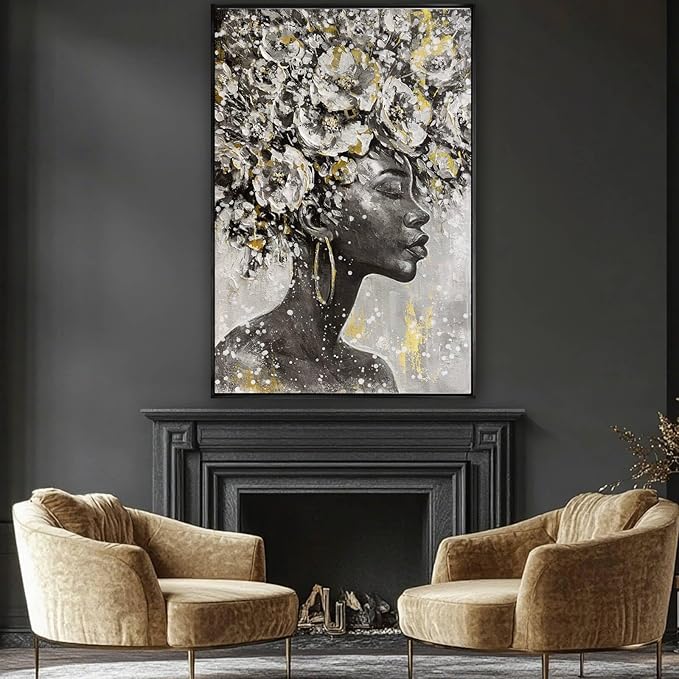 Large Black and Gold African American Wall Art with Framed Black Woman Office Bedroom Living Room Poster Home Hanging Decor 32x48 Inch-Ruum Studio Home