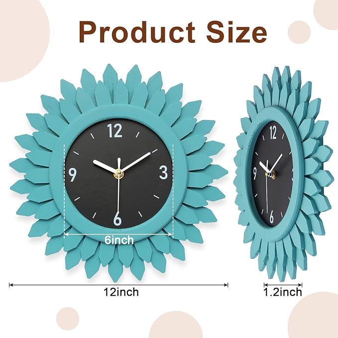 Honiway Wall Clock Battery Operated 12 Inch Rustic Wood Beach Sunburst Decorative Wall Clock Silent Non-Ticking Coastal Wall Decor Clocks for Living Room Kitchen Bathroom Bedroom (Cyan)-Ruum Studio Home