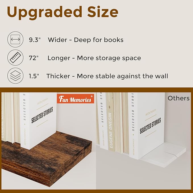 72 Inch Floating Shelves, 72 x 9 Rustic Wooden Fireplace Mantel, 9 Inch Floating Shelf for Wall, Farmhouse Wall Shelves for Home Storage & Display, Rustic Brown Color, Set of 1-Ruum Studio Home