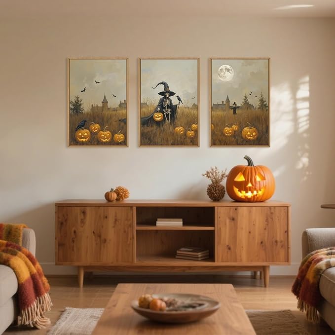 Celestdeco Halloween Ghost Reaper Framed Wall Art Set, Scary Witchy and Pumpkin Wall Decor, Horror Night Wall Painting, Full Moon Bats Art Prints for Living Room,Bedroom,Halloween Themed Party Decoration-16"×24"×3-Ruum Studio Home