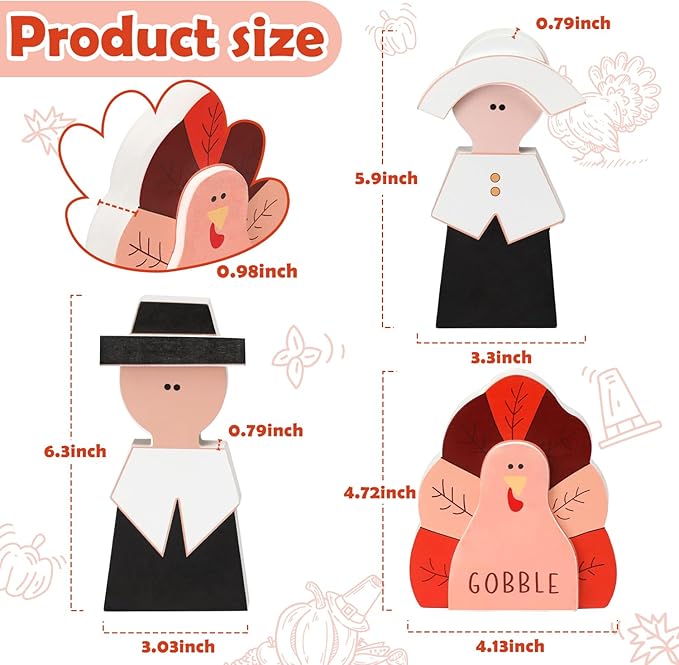 Amorita Fall Thanksgiving Decorations Wooden Turkey Pilgrim Couple Table Sign 3 Pcs Fall Thanksgiving Decor Standing Tabletop Sign Decor for Autumn Harvest - Z-Ruum Studio Home