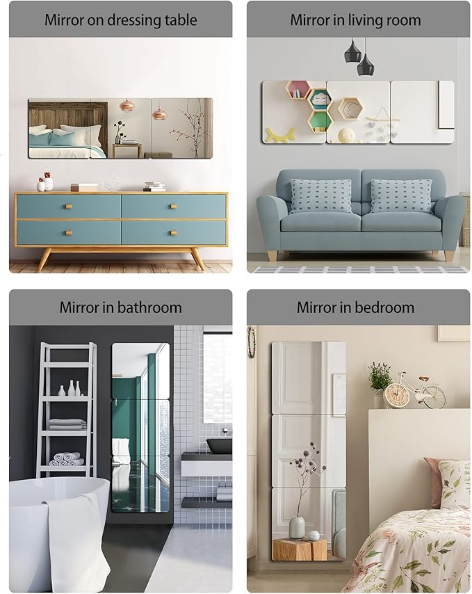 Unbreakable Full Length Wall Mirror,The Door Mirror,4Pack 13.5''x13.5'',Acrylic Mirror Kids,Shatterproof Plexiglass Long Mirrors for Bedroom Closet,Children Non Glass Stick on Mirrors-Ruum Studio Home