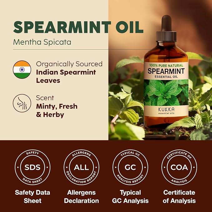 Kukka Spearmint Oil for Facial Hair - 4 Fl Oz - 100% Pure Natural Aromatherapy Spearmint Essential Oil for Skin & Hair Care, Diffuser, Bath Bombs, Soaps and Candles - Soap Making & DIY-Ruum Studio Home
