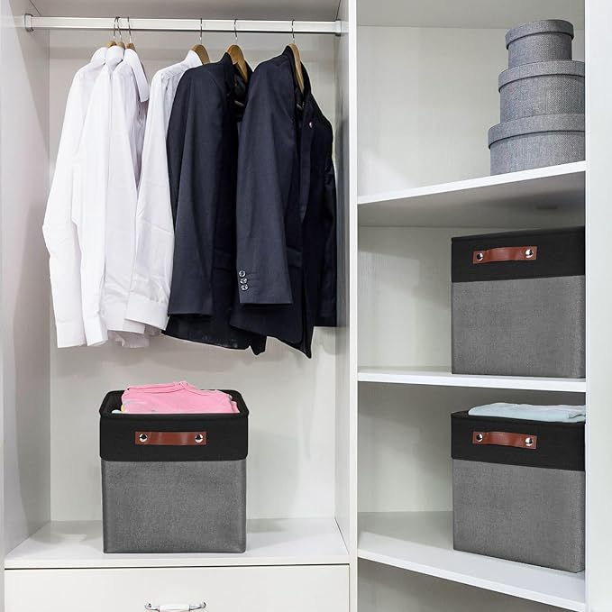 Collapsible Fabric Storage Cubes 11x11 Cube Storage Bins, 4 Pack Closet Baskets Box with Handles for Organizing, Shelf, Toys, Clothes, Home, Office, Nursery (Grey&Black)-Ruum Studio Home