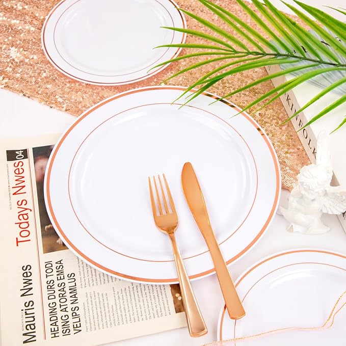 FLOWERCAT 60PCS Rose Gold Plastic Plates - Heavy Duty Rose Gold Plates Disposable for Party Wedding- Include 30PCS 10.25inch Dinner Plates and 30PCS 7.5inch Dessert Plates-Ruum Studio Home
