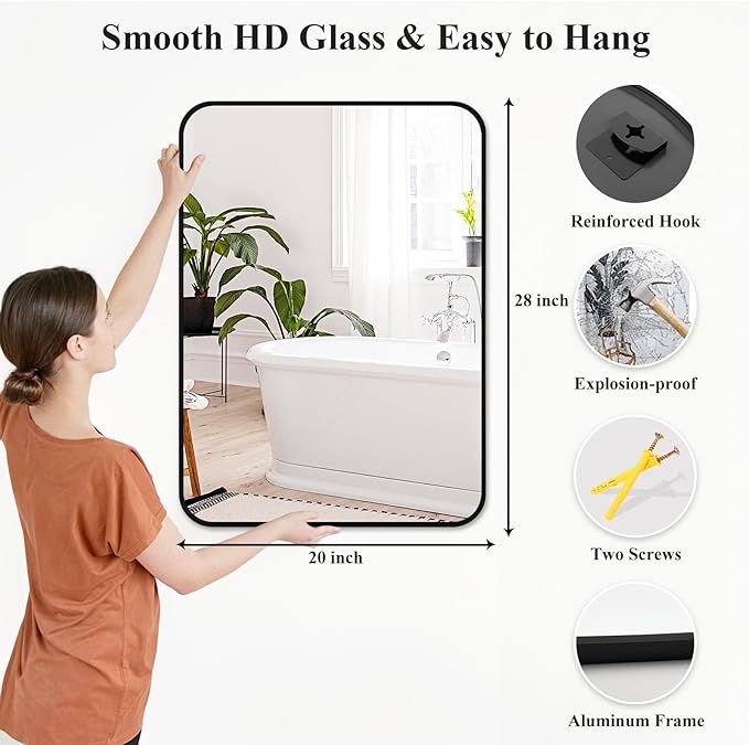 Fabuday Black Bathroom Mirror for Over Sink - 20x28 Rounded Rectangle Wall Mirror, Matte Metal Framed Vanity Rectangular Mirrors for Bedroom, Living Room, Entryway Decor, Horizontally/Vertically-Ruum Studio Home