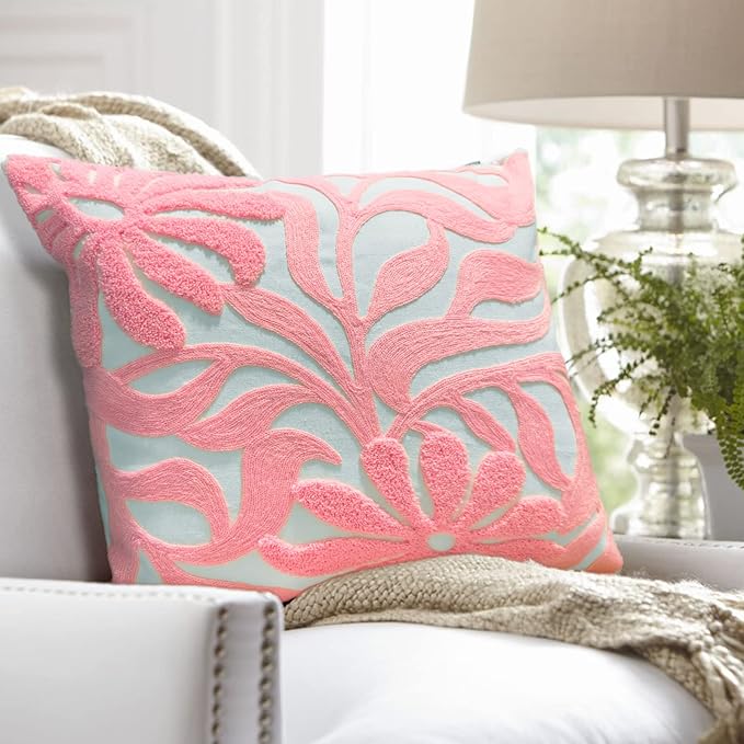 Alysheer Farmhouse Floral Leaves Embroidered Decorative Throw Pillow Cover 18x18 inches, Boho Tufted Flowers Embroidery Pattern Chic Cotton Cushion Case for Couch Bed Sofa Living Room(Light Pink)-Ruum Studio Home