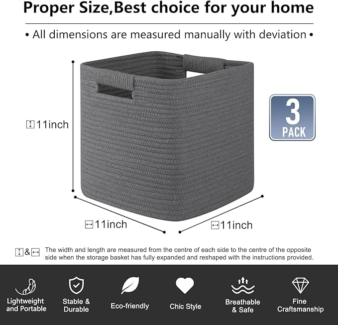 OIAHOMY Storage Cubes 11 Inch Storage Bins-3 Pack, Cotton Rope Woven Baskets for Organizing, Square Baskets for Shelves Organizer, Classroom, Toy Basket, DarK Grey-Ruum Studio Home