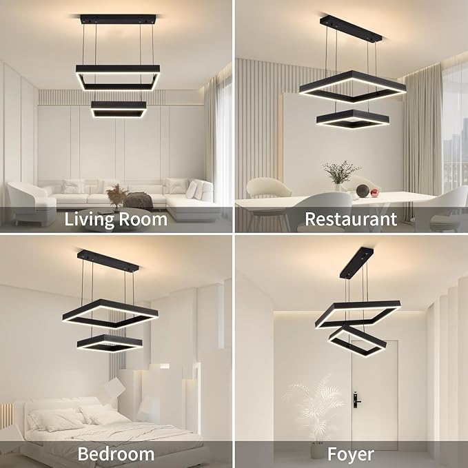 Modern Led Rectangle Chandelier for Dining Room, Dimmable Black Modern Chandelier with Remote, Adjustable Foyer Lighting Fixture-Ruum Studio Home