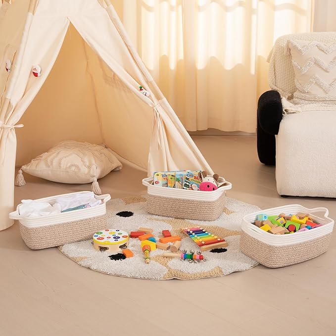 OIAHOMY 3 Pack Storage Baskets for Organizing, Woven Cotton Rope Basket for Shelves, Closet Organizer Bins with Handles, Rectangle Toy Organization, 13.78''×9.84''×5.5'', Brown & White-Ruum Studio Home