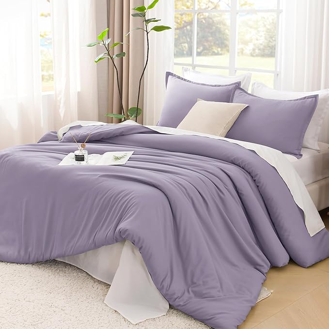 Litanika Grayish Lavender Purple Comforter Set King Size, 3 Pieces Lightweight Solid Bedding Comforter Set, All Season Fluffy Bed Set (104x90In Comforter & 2 Pillowcases)-Ruum Studio Home