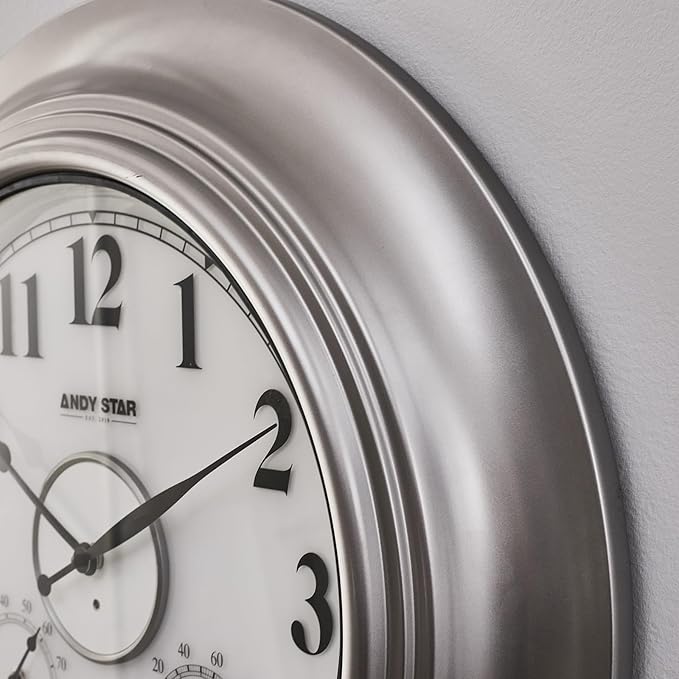 Andy Star 21 Inch Silver Illuminated Outdoor Wall Clock Waterproof with Thermometer and Hygrometer, Oversized Battery Operated Round Wall Clock, Big Silent Non Ticking Clock for Patio Pool Garden-Ruum Studio Home