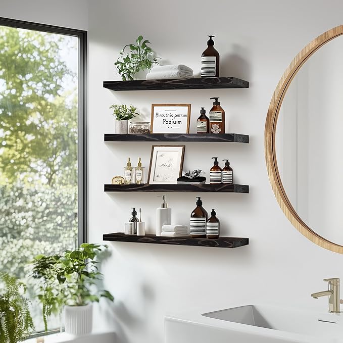 Floating Wall Shelves 4-Pack - Rustic Black 16-inch Wooden Wall Shelves for Storage and Décor, Multi-Functional and Easy to Install for Living Room, Bedroom, and Kitchen-Ruum Studio Home