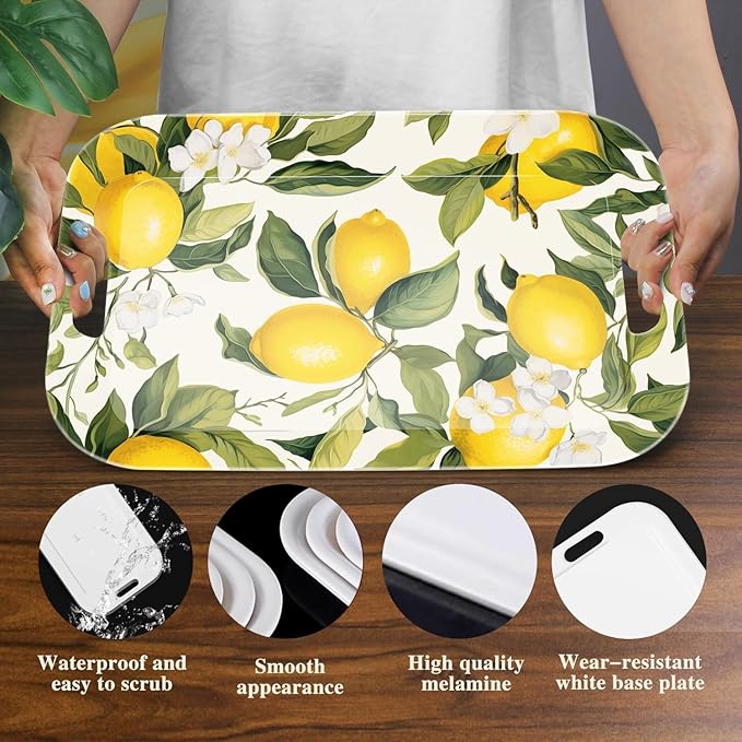 Serving Trays with Handles, 14.5 x 9.8 inch Rectangular Plastic Tray for Restaurant, Kitchen, Lemon and Lemon-Ruum Studio Home