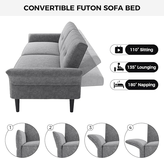 89” Futon Sofa Bed, Comfy Futon Couch Bed with 2 Square Pillows, Convertible Sleeper Sofa with Adjustable Backrest& Armrests, Modern Loveseat Sleeper for Living Room, Bedroom, Light Gray-Ruum Studio Home