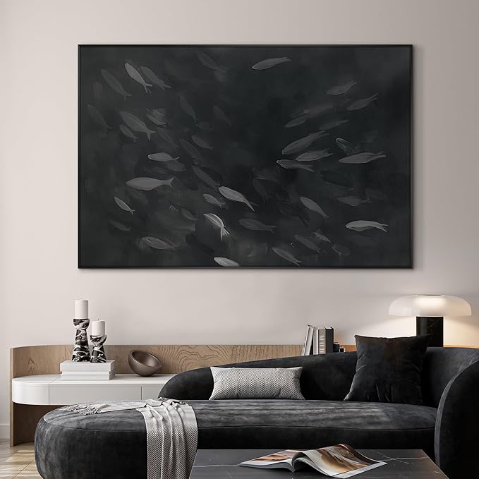 SIGNWIN 46"x72" Extra Large Framed Wall Art Monochrome Fish Silhouettes Illustration for Home Living Room Bedroom Decor (Frame Assembly Required)-Ruum Studio Home