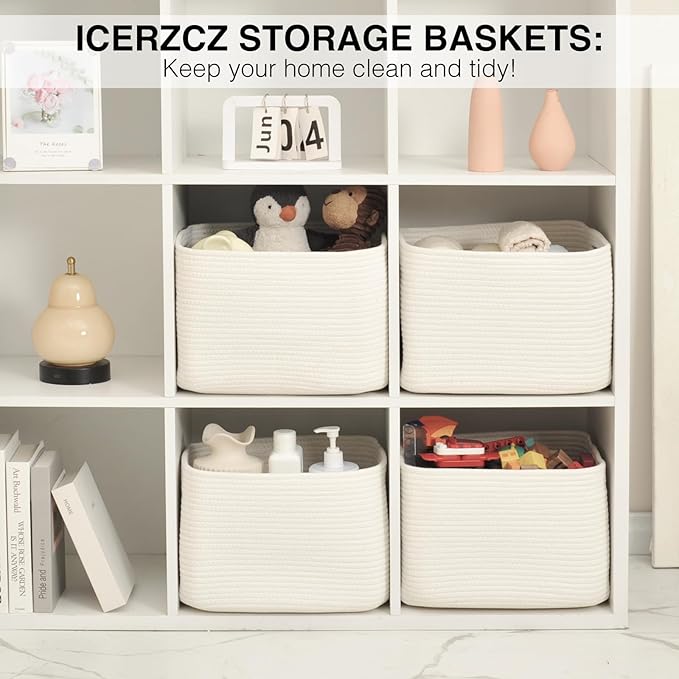 Storage Baskets for Organizing & Shelves, Woven Cotton Rope Organization Bins for Dog Toys, Clothes, Books, Nursery Organizer, 15" Lx11''Wx9.5''H, (4 Packs) Off White-Ruum Studio Home