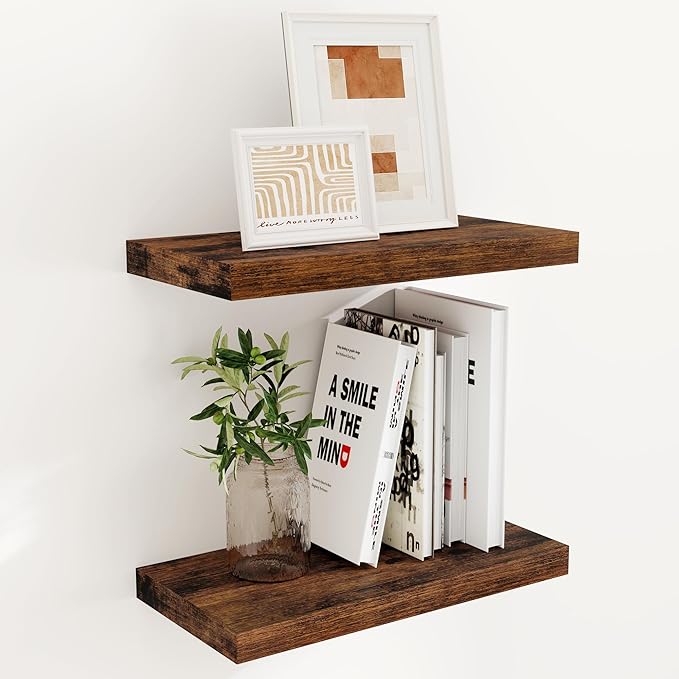 Fun Memories 16 Floating Shelves, 9 Inch Deep Wall Shelf for Bathroom, Rustic 16 x 9 Floating Shelf for Kitchen, Bedroom, Wide Wooden Shelves Wall-Mounted, Rustic Brown Color, Set of 2-Ruum Studio Home