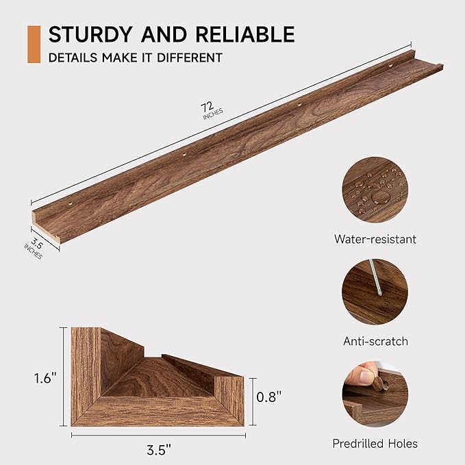 Floating Picture Ledge Shelves for Wall Set of 2, 72 Inches Picture Ledge Shelf with Long Large Nursery Book Shelf for Toys Storage Kids Bookshelf Wall Mounted Living Room Bedroom Decor Frames, Walnut-Ruum Studio Home