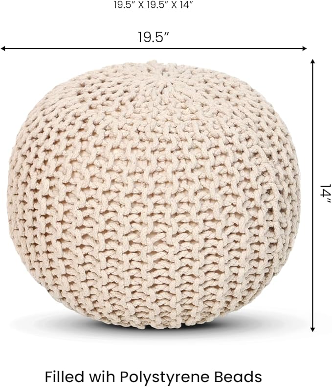 REDEARTH Round Pouf Ottoman - Cable Knitted Boho Poof - Home Décor Cord Pouffe Handmade Circular Footrest for Living Room - Bedroom - Kids Bedroom - 100% Cotton Pouf (19.5"x19.5"x14") - Ivory-Ruum Studio Home