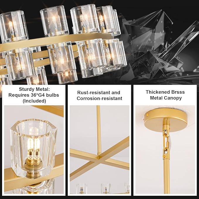 Modern 36" Gold Round Chandelier Light Fixture, K9 Crystal Chandeliers for Dining Room, Living Room, Dining Room Chandeliers Over Table, Chandelier for Bedroom, Foyer, Includes 36XG4 Bulbs-Ruum Studio Home