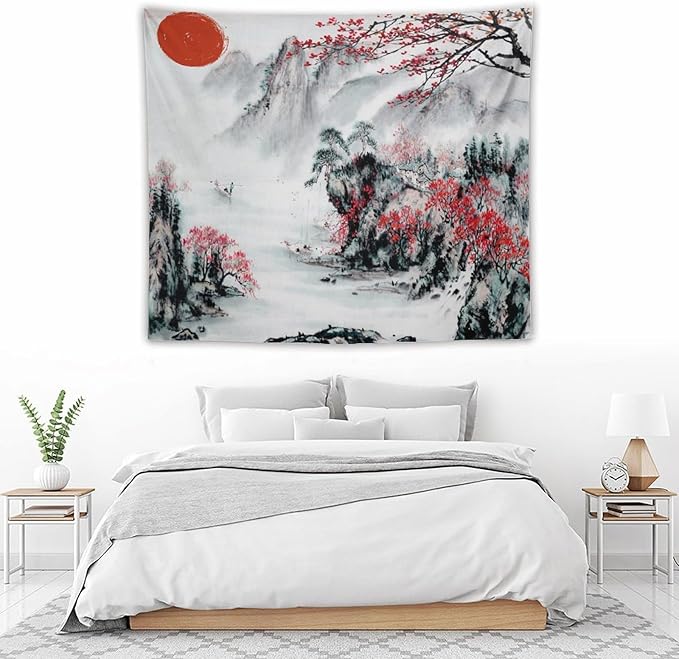 Cherry Blossoms Tapestry,Japanese Red Landscape Asian Watercolor Abstract Art Tapestry, Asian Japanese Wall Tapestry, Nature Landscape Tapestries for Bedroom Living Room Decor 60"x50"-Ruum Studio Home