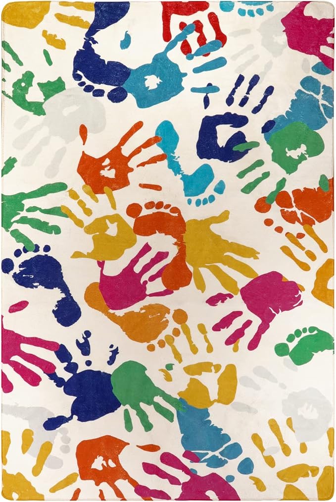 STARUIA Handprints and Footprints Kids Rug Play Carpet, 4'x6' Washable Colorful Area Rug for Nursery Room, Ultra Soft Non-Slip Indoor Play Mat for Bedroom Playroom Classroom-Ruum Studio Home