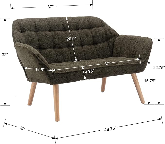 48" Small Loveseat Sofa, Modern Sherpa Mini Sofa Couch 2-Seater Fluffy Love Seat with Quilting Backs and Wood Legs for Living Room, Bedroom and Small Space, Green-Ruum Studio Home