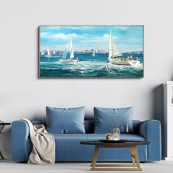 XLSJERST Blue Canvas Wall Art Seascape Painting - Landscape Picture Textured Navy Modern Sailboat Ocean Artwork Framed for Living Room Bedroom Bathroom Home Office Wall Decor Large Size 20"x40"-Ruum Studio Home