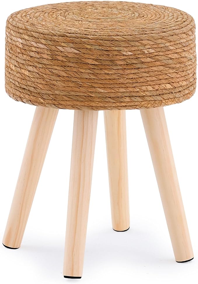 Handwoven Outdoor Ottoman, Water Hyacinth Pouf Round Patio Footstool with Wood Legs, 17-Inch Multipurpose Vanity Stool, Dining Chair, Patio Footrest for Balcony and Garden, Natural-Ruum Studio Home