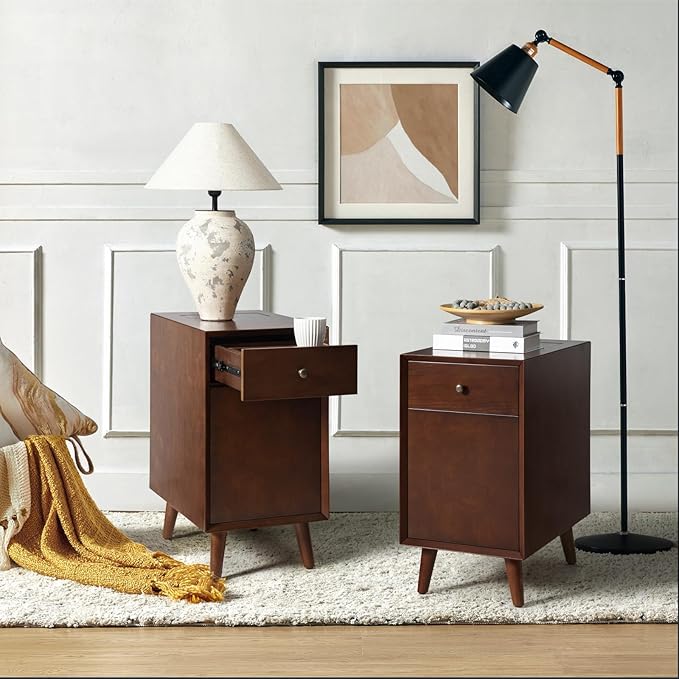 HULALA HOME End Table with Drawer Set of 2, Modern End Table with USB Ports and Outlets, Wooden Side Table with Storage-Walnut-Ruum Studio Home