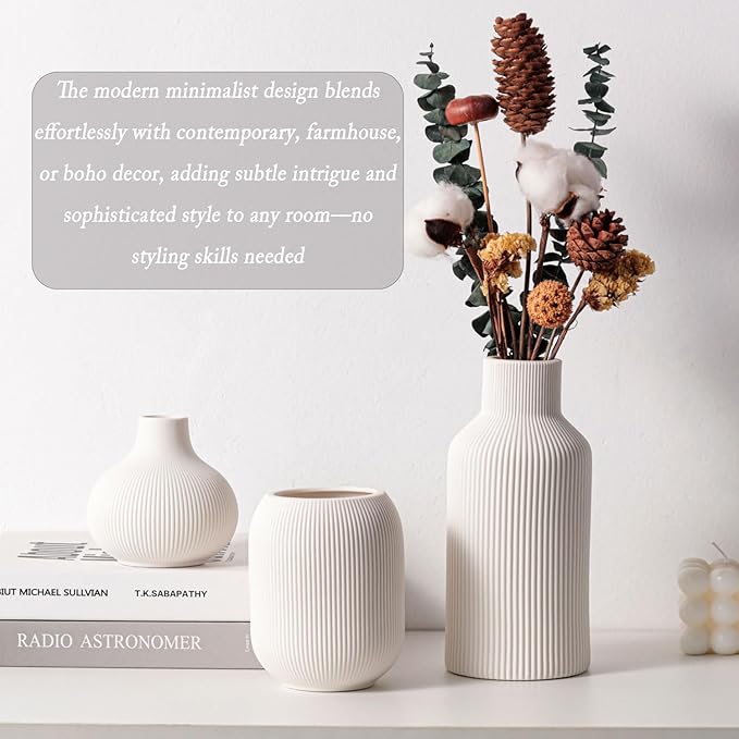 Ceramic Vase Set of 3, Decorative Vases Home Decor Modern Minimalist Pottery Vases for Bouquet Pampas Grass Dried Fresh Flowers, Bookshelf, Living Room, Shelf, Bedroom, Entryway Mantel Decor-White-Ruum Studio Home