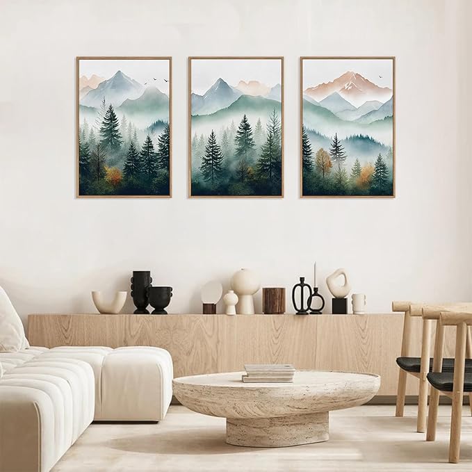 HLNIUC Misty Mountain Forest Framed Wall Art Set,Green Fog Pine Tree Wall Decor,White Foggy Forest Senic Canvas Wall Painting,Fogforest Landscape Art Print for Living Room,Bedroom,Office - 16”x24”x3-Ruum Studio Home