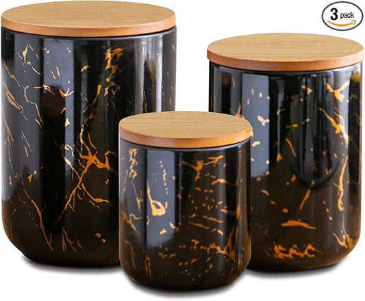 Black Ceramic Canister Set with Wooden Lid, 3-Piece Food Storage Jars for Kitchen Counter, Storage Container for Sugar, Coffee, Tea, Spice-Ruum Studio Home