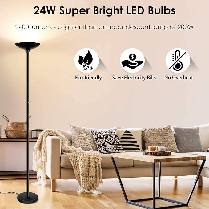 BoostArea Torchiere Floor Lamp, 30W Super Bright LED Standing Lamp, Stepless Dimmable Pole Lamp with 3000K Lighting, Rotary Switch, 70 Inch Tall Metal Modern Floor Lamps for Living Room/Bedroom Black-Ruum Studio Home