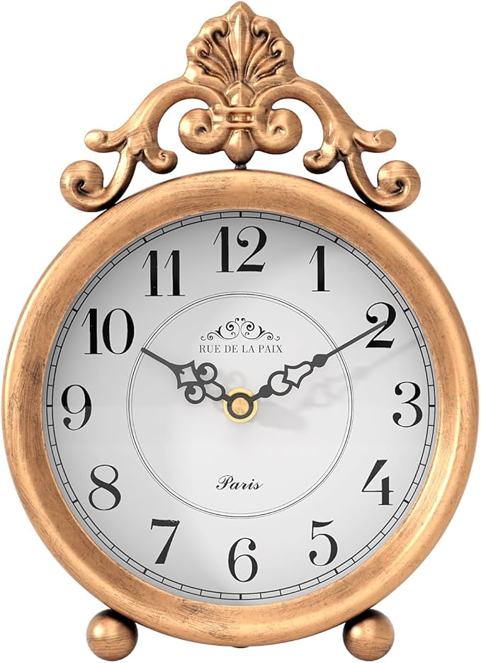Vintage Gold Table Clock, Desk and Shelf Mantel Clock, French Rustic Antique Style Decor Clocks, for Farmhouse, Bedroom, Living Room, Bedside, Gift (9" H x 6.3" W)-Ruum Studio Home