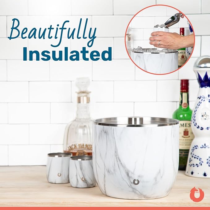 SNOWFOX XL Premium Vacuum Insulated Double Wall Stainless Steel Ice Bucket with Lid/Scoop, Bar Accessories, Large Elegant Party Bucket, Chills Several Bottles,Beautiful Entertaining Supplies,7L,Marble-Ruum Studio Home