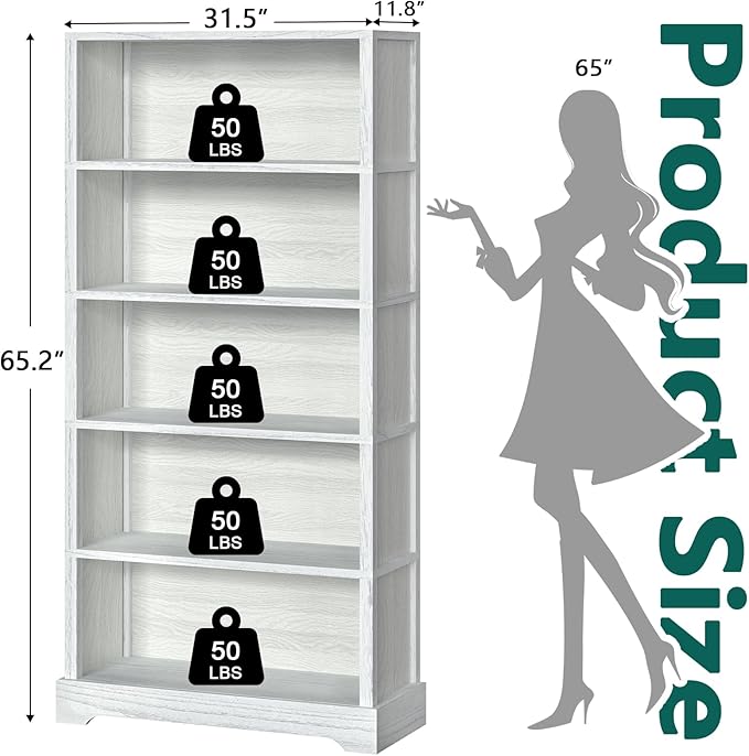 TVU 5-Shelf Wood Bookcase, 65 Inch Tall Bookshelf with Storage, Floor Standing Display Book Shelf，for Living Room Bedroom Study Office，Antique White-Ruum Studio Home