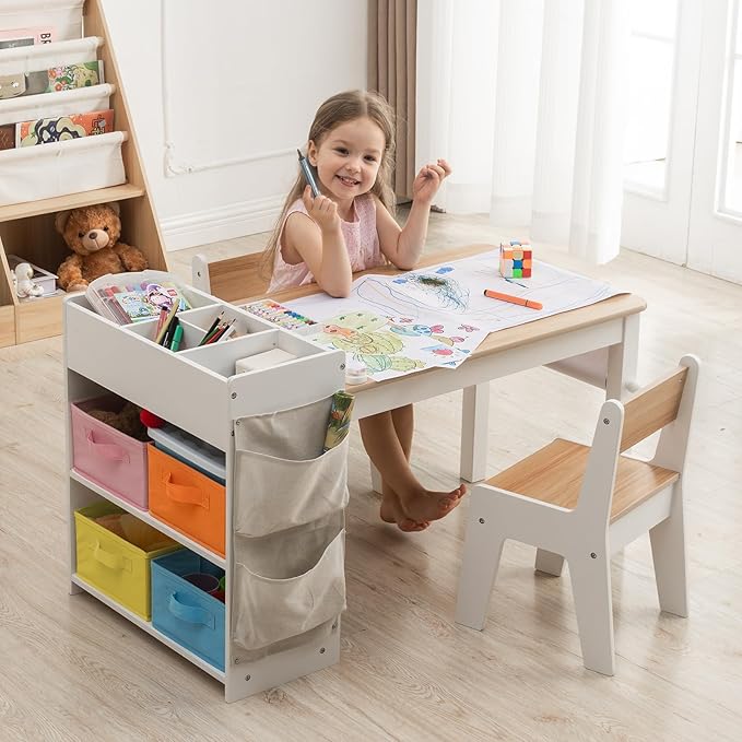Kids Art Table and Chair - Toddler Craft Table and Chairs Set with 2 Chair & Bins, Large Storage Kids Activity Desk with Paper Roll for Playrooms & Classroom, 40" L x 20" W, Natural-Ruum Studio Home