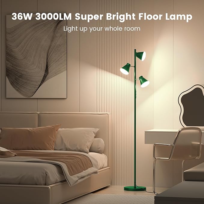 36W LED Tree Floor Lamp, Dimmable Tall Standing Lamp with Remote & Touch Control, 4 Color Temperatures Bright Floor Lamp, 3 Rotatable Light Modern Floor Lamps (Green)-Ruum Studio Home