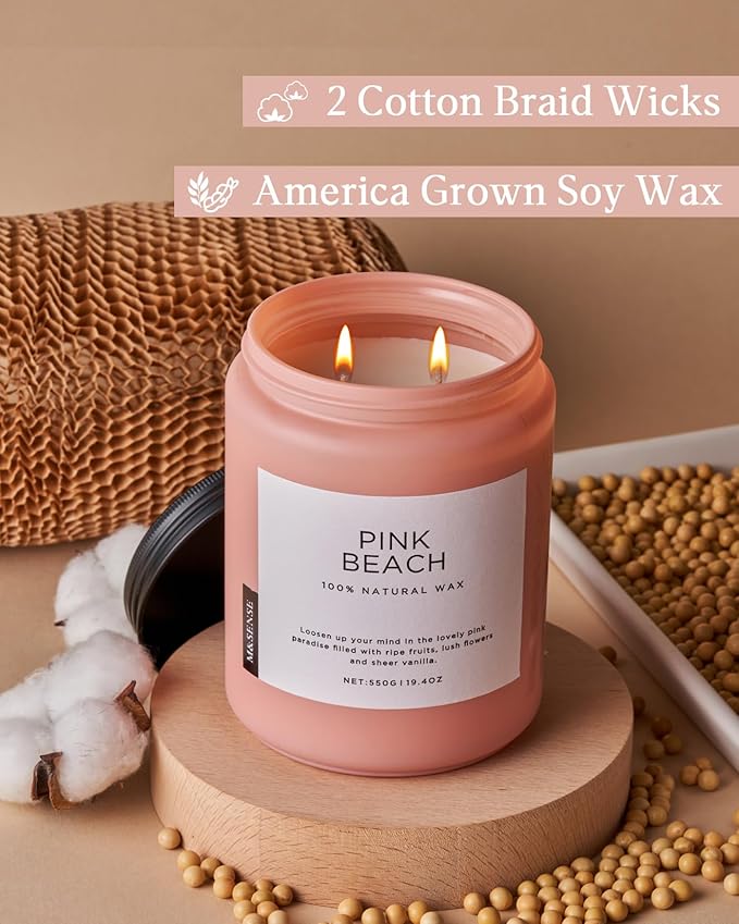 M&SENSE Pink Beach Sands Jar Candle, 19.4oz Pineapple Coconut Scented Natural Soy Candles for Home Scented, 110 Hour Burn Time, Home Decor Gift for Women, Friends, Family, Colleagues, Couples-Ruum Studio Home