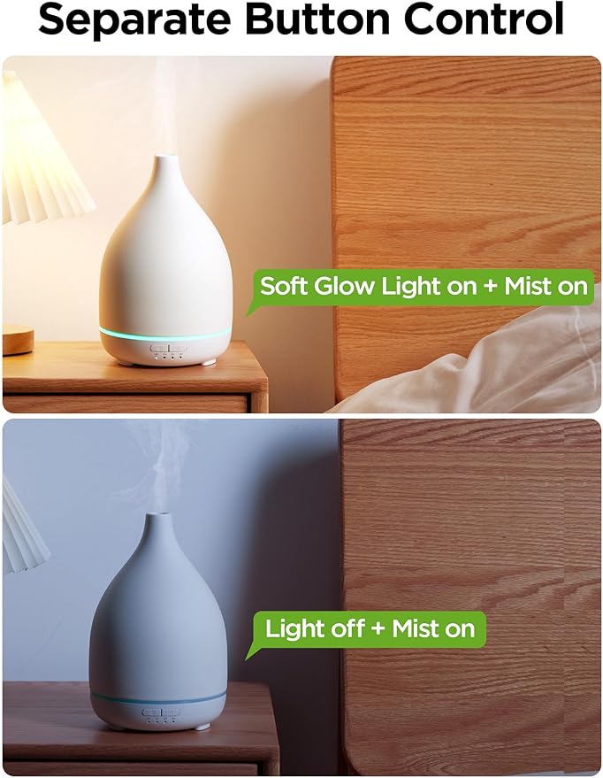 InnoGear Oil Diffuser, 300ML Ceramic Diffuser for Essential Oils Handcrafted Aromatherapy Diffuser Ultrasonic Cool Mist Humidifier with 4 Timers Waterless Auto Off for Room Office, White Base-Ruum Studio Home