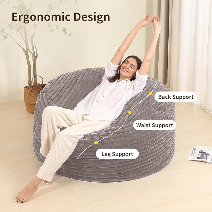 4FT Memory Foam Bean Bag Chair for Adults/Teens, Bean Bag Sofa with Fluffy Removable Cover, for Living Room Bedroom, Grey-Ruum Studio Home